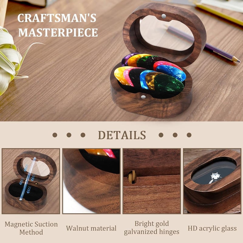 DoubleCare Walnut Guitar Pick Case Set with 12 Celluloid Picks in 3 Thicknesses, Premium Guitar Pick Holder, Mini Jewelry Box, Guitar and Bass Gift for Son, Mother, Father, Friend, Teacher - Image 2